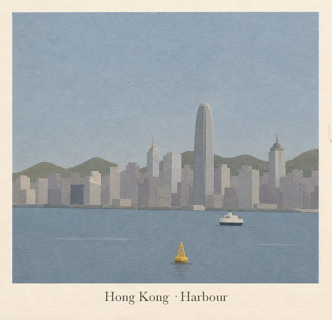 Hong Kong memory card — Victoria Harbour, captioned Hong Kong · Harbour