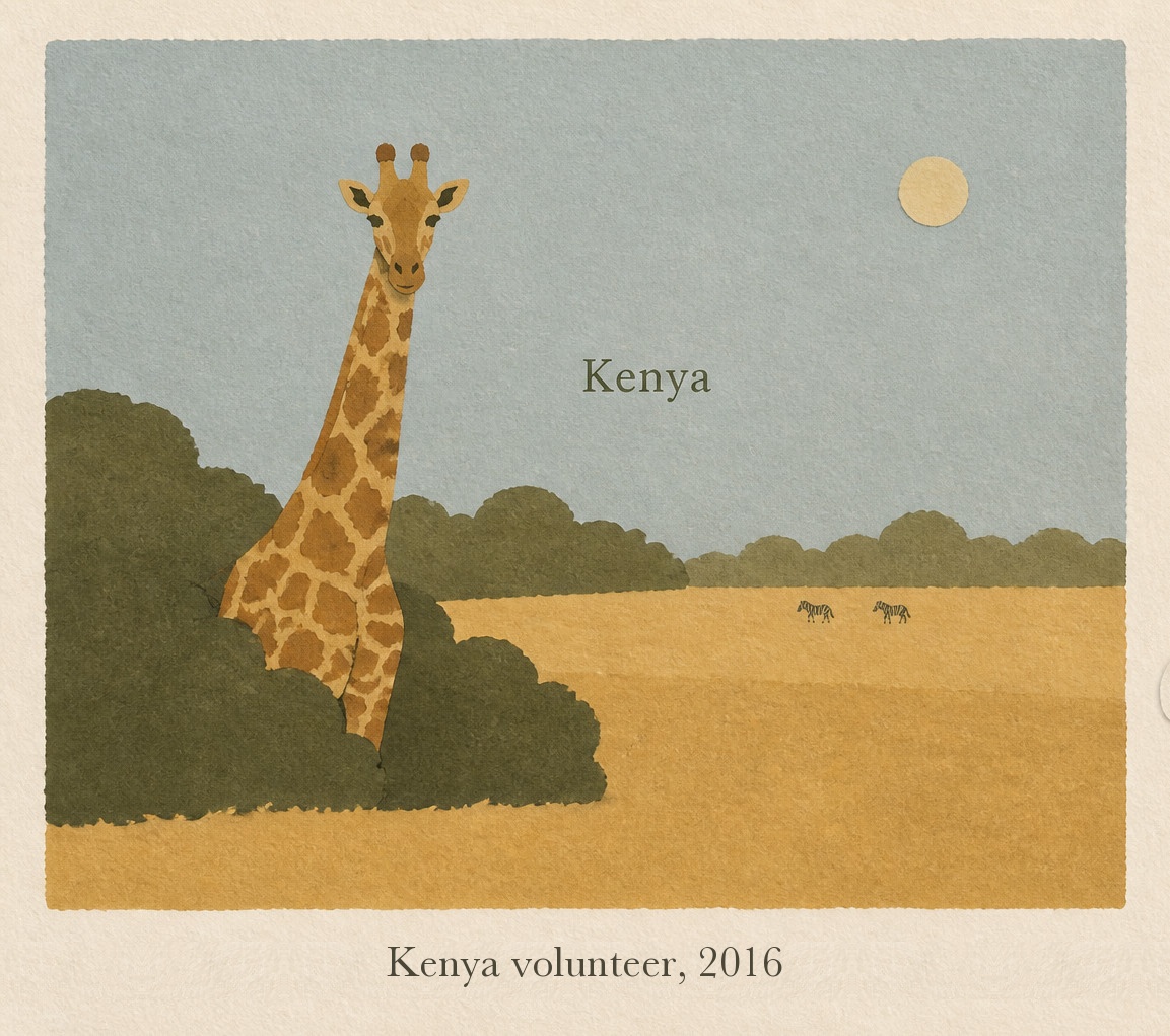 Kenya memory card — a giraffe on the savanna, captioned Kenya volunteer, 2016