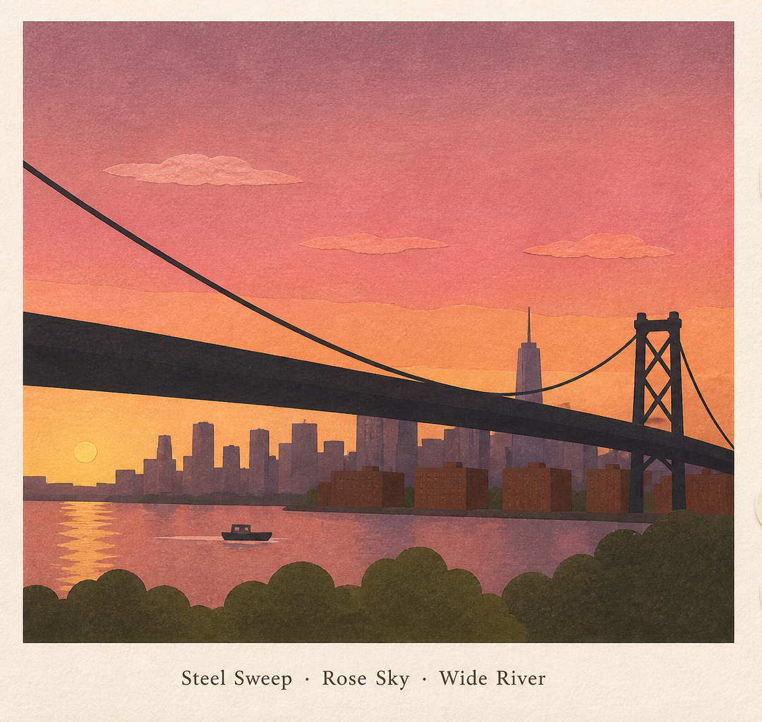 New York memory card — the Williamsburg Bridge at sunset, captioned Steel Sweep · Rose Sky · Wide River