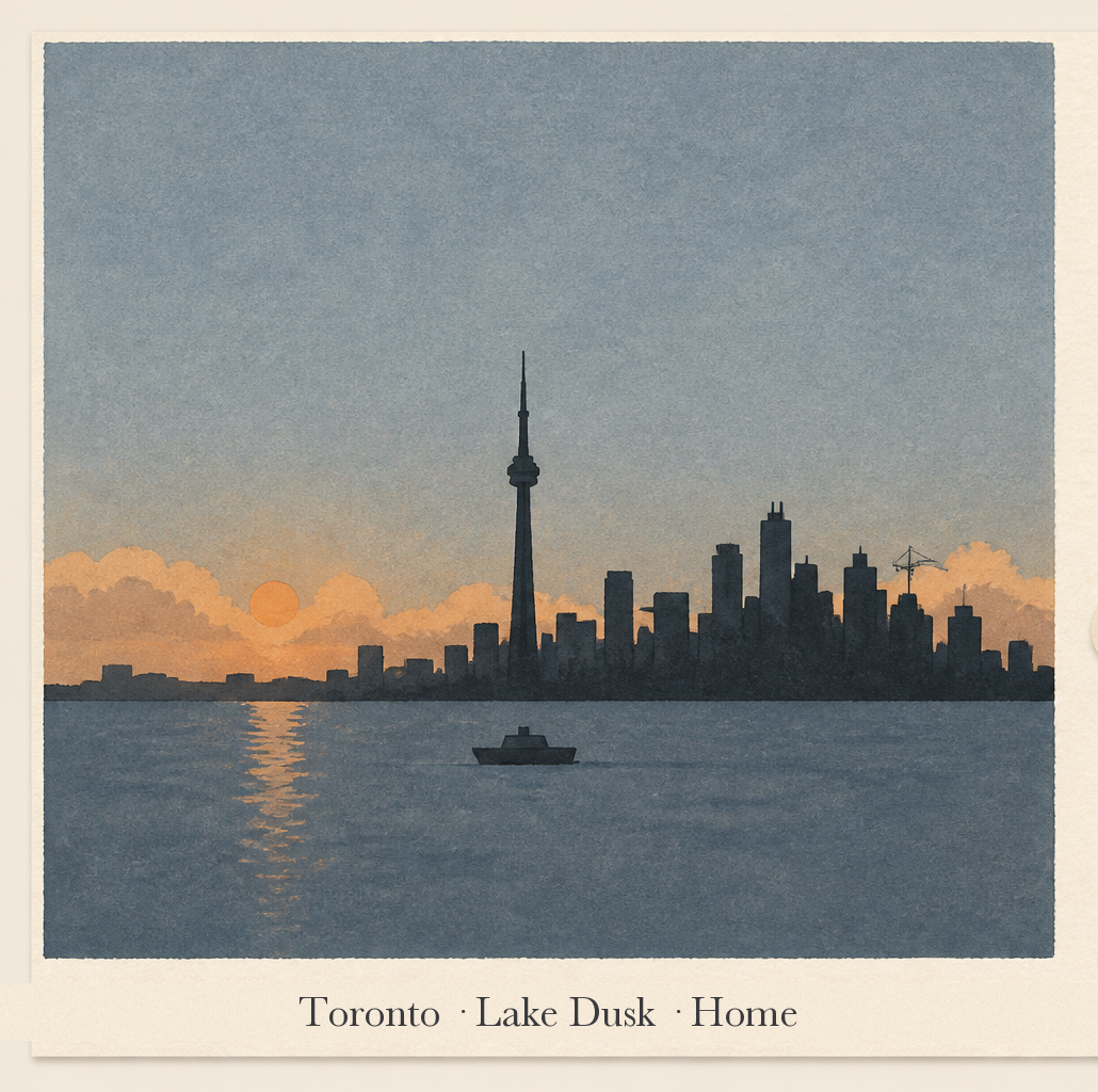 Toronto memory card — the skyline at dusk, captioned Toronto · Lake Dusk · Home